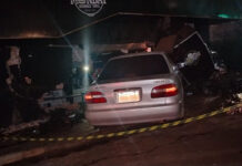 CONDUCTORA EN ESTADO DE EBRIEDAD EMBISTIÓ Y MATÓ A UN GUARDIA DE SEGURIDAD El Toyota Corolla, conducido por una mujer en estado de ebriedad, terminó incrustado contra la estructura del restaurante “Monday Gourmet” en Presidente Franco, tras atropellar al guardia de seguridad Miguel Ángel Gamarra y chocar contra motocicletas estacionadas. Foto: Gentileza.