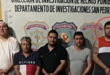 Largo, presunto jefe de sicarios, es capturado junto a gavilla integrada por un policía en San Pedro Eder Rolando Giménez alias Largo (en circulo) fue detenido junto a otras cuatro personas en el Departamento de San Pedro.Foto: Carlos Aquino.