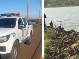 El vehículo de Luis Barboza, un Toyota Noah, terminó en las aguas del río Paraná. Captura NPY.